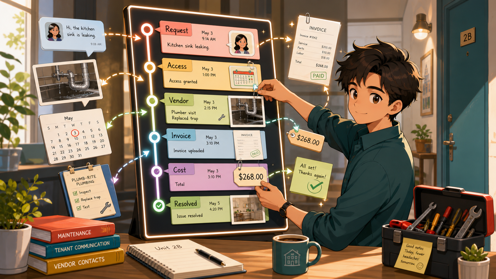Anime-style landlord placing tenant requests, access notes, vendor records, invoices, costs, and resolved status into one maintenance timeline.