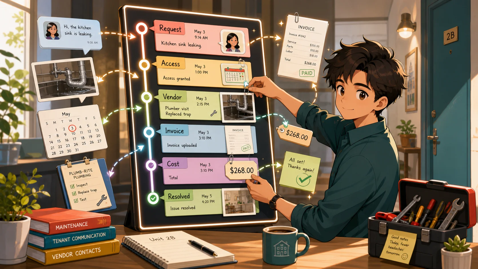 Illustration connecting a tenant report, access notes, vendor work, and invoice in a repair timeline